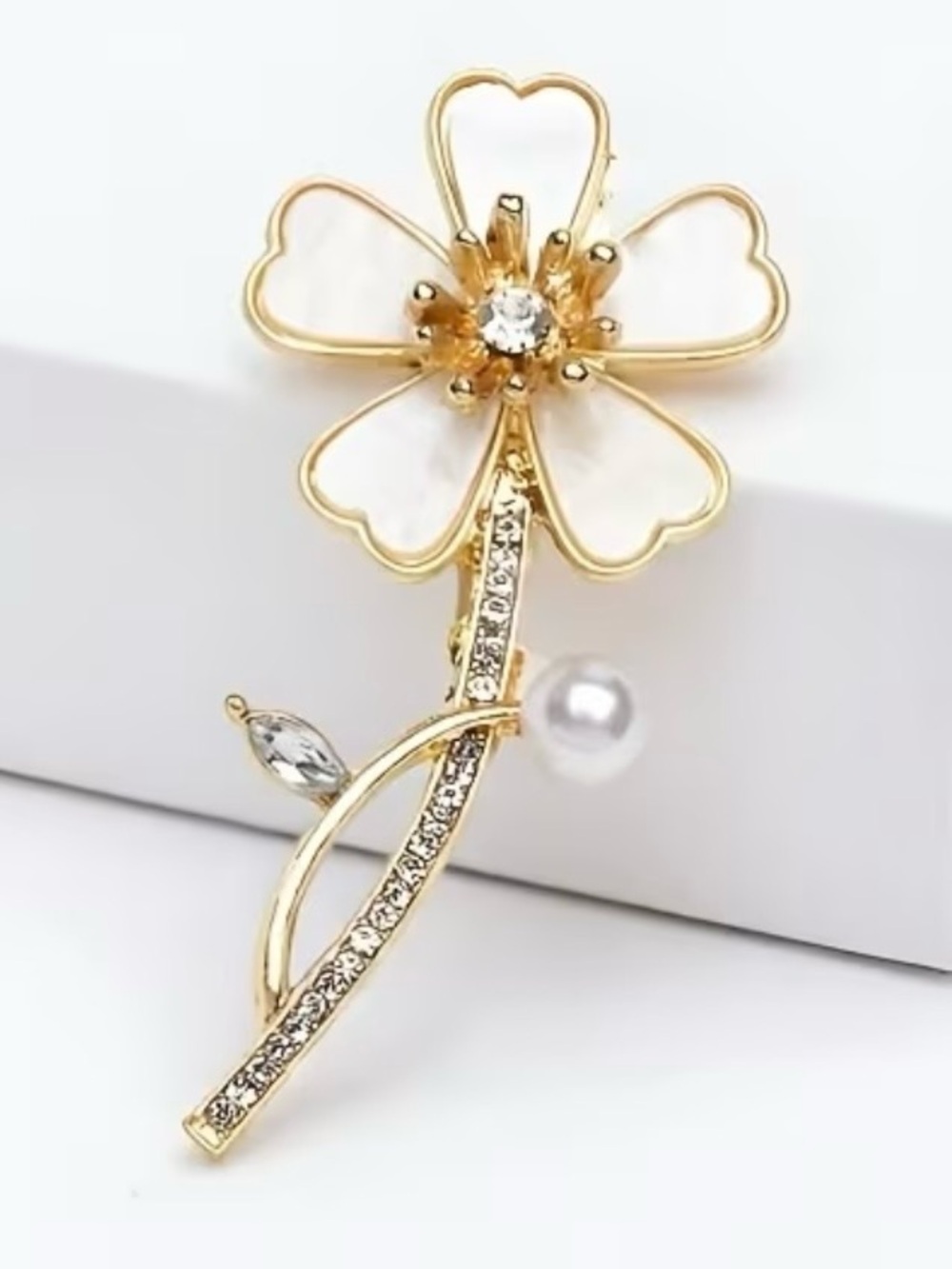 Statement Brooch Gold and Enamel White Flower with Pearl Accent 2.36” long